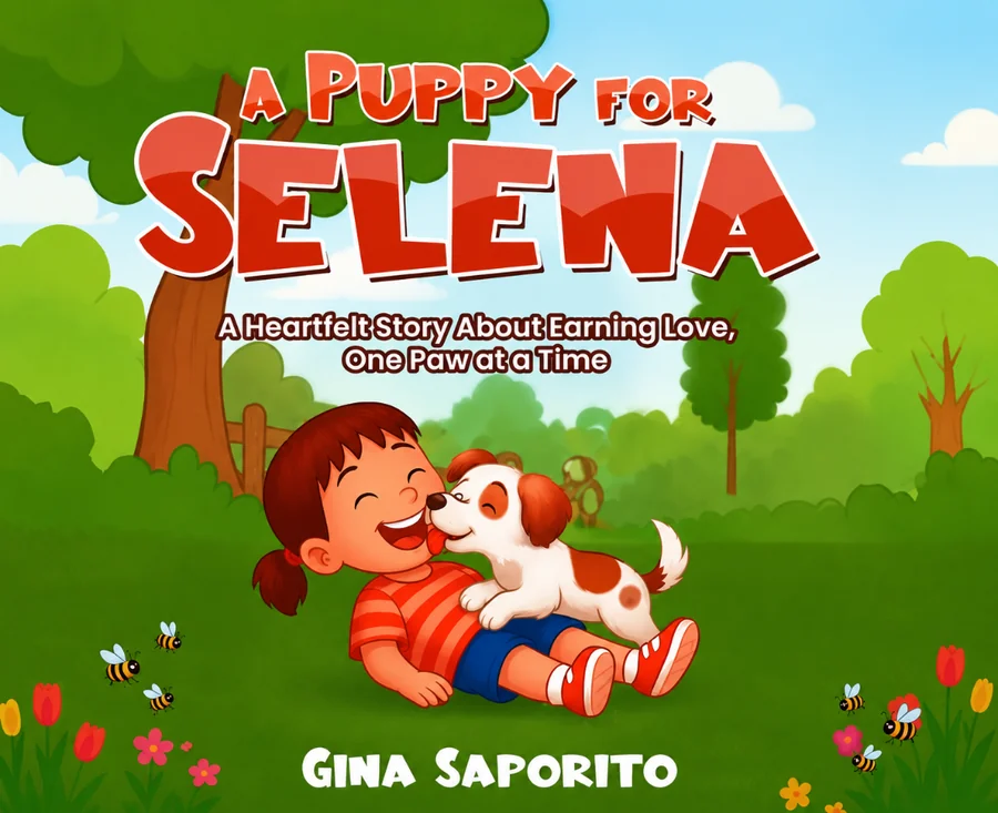 Cover of A Puppy for Selena: a smiling girl in a red striped shirt being licked on the cheek by a brown and white puppy in a sunny park.