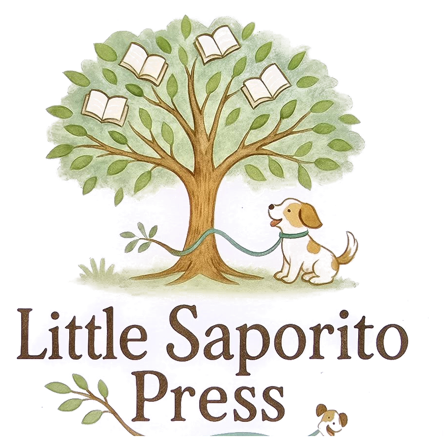Little Saporito Press logo: a watercolor tree with open books in its leaves and a small puppy on a leash beneath it.