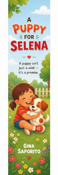 Preview of a printable bookmark featuring Selena hugging her puppy, with the line 'A puppy isn't just a wish — it's a promise.'