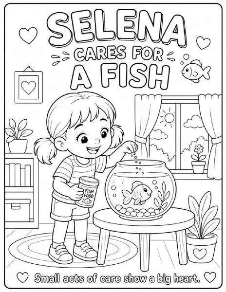 Preview of a coloring page from A Puppy for Selena: Selena feeding a goldfish, with the words 'Small acts of care show a big heart.'